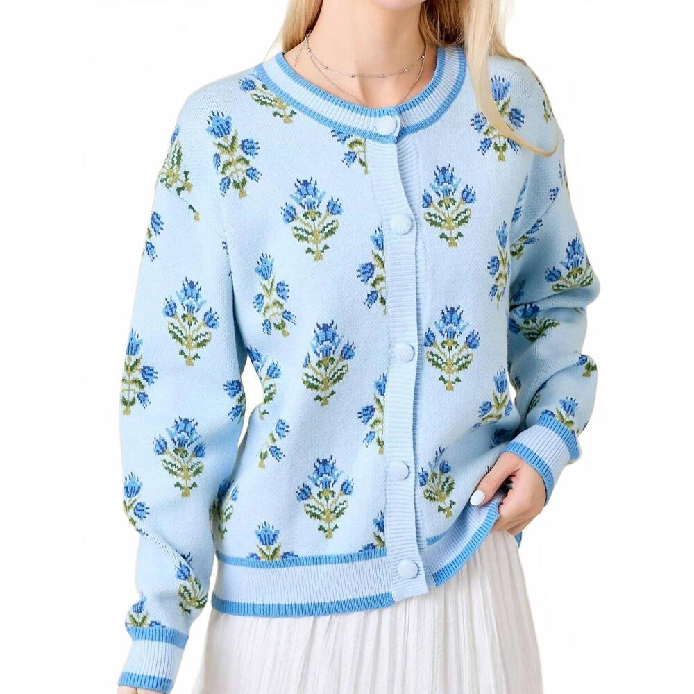 NEW MAIN STRIP floral jacquard sweater knit cardigan top in light blue